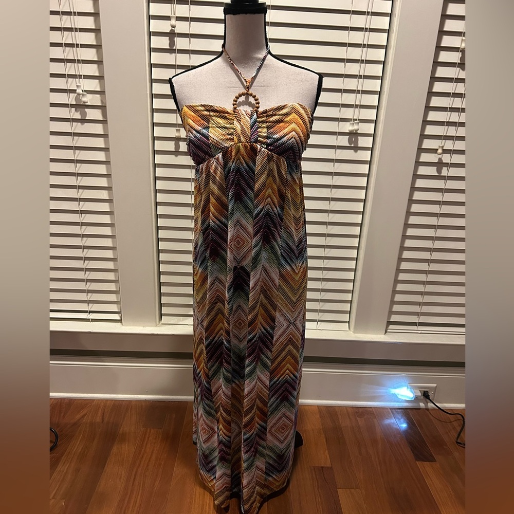 I Q Academic Wear halter neck maxi dress with a multicolored chevron print